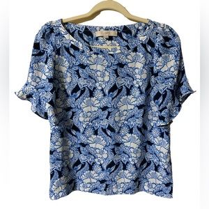 🔴3/$18 Loft Ruffle Sleeve Print Shirt - Blue & White - Sz XS Petite